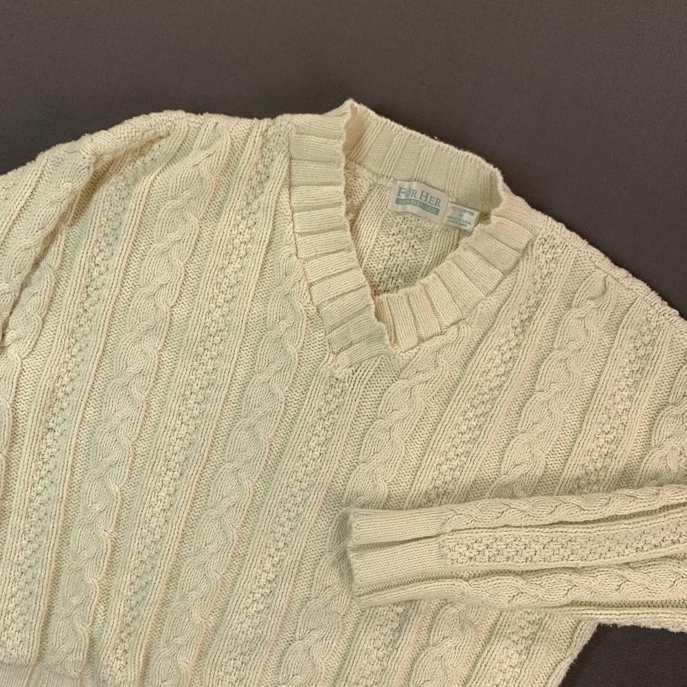VTG Van Heusen Sweater Women MD White V Neck‎ Cable Knit Cotton Cottage USA 80s